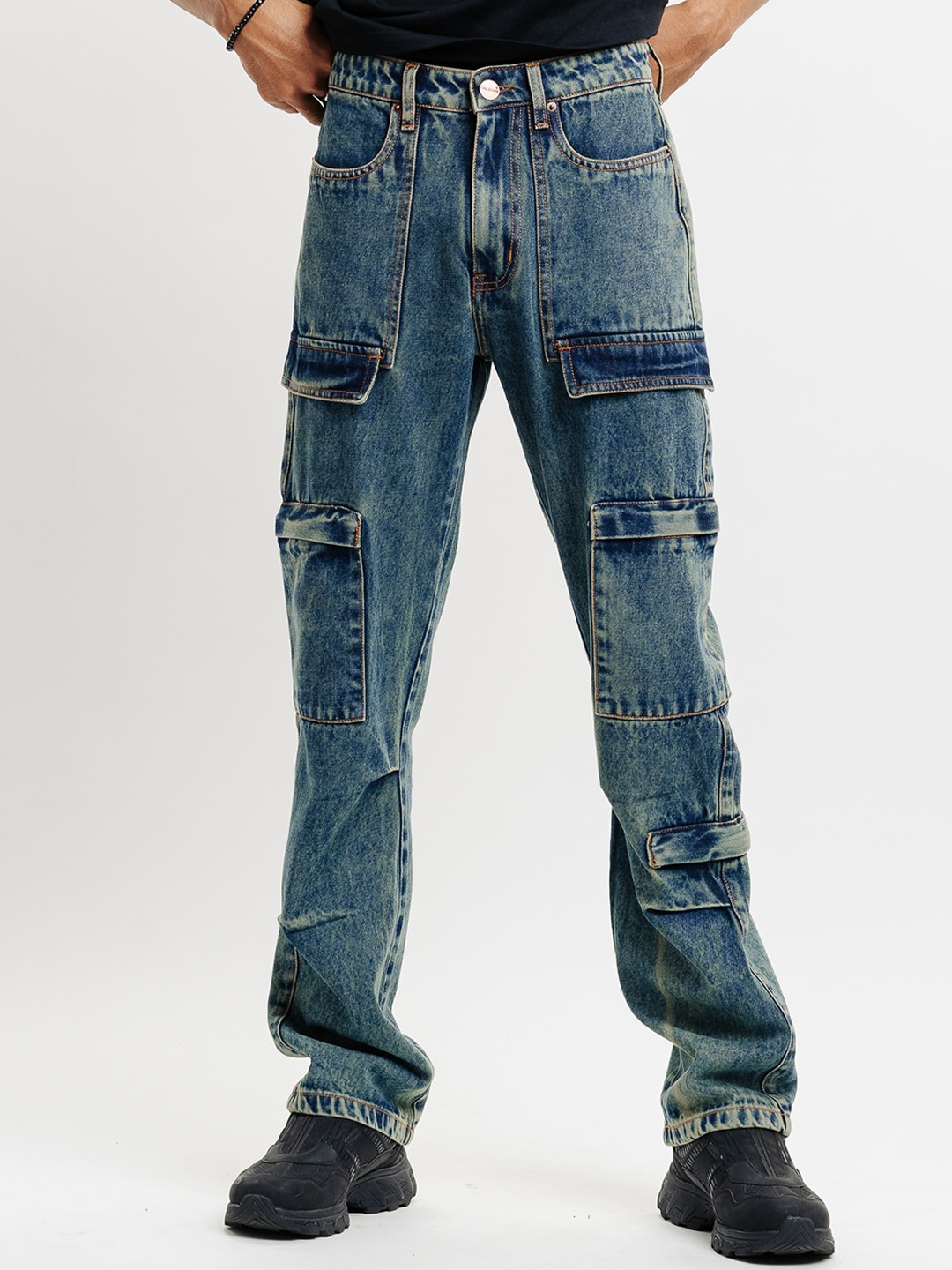 

FREAKINS Men Straight Fit Heavy Fade Pure Cotton Cargo Jeans, Blue
