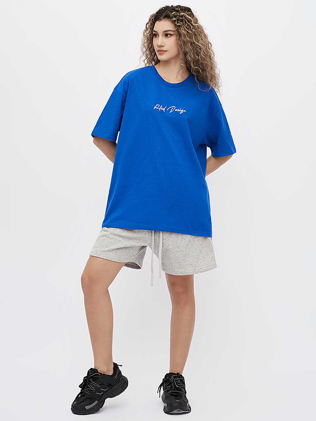 

LULU & SKY Typography Printed Drop-Shoulder Sleeves Pure Cotton Boxy T-shirt, Blue