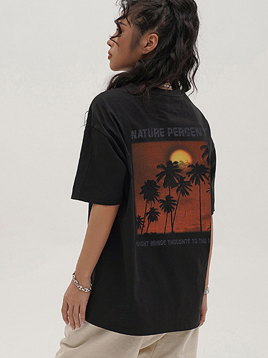 

LULU & SKY Printed Oversized Drop-Shoulder Sleeves Pure Cotton T-shirt, Black