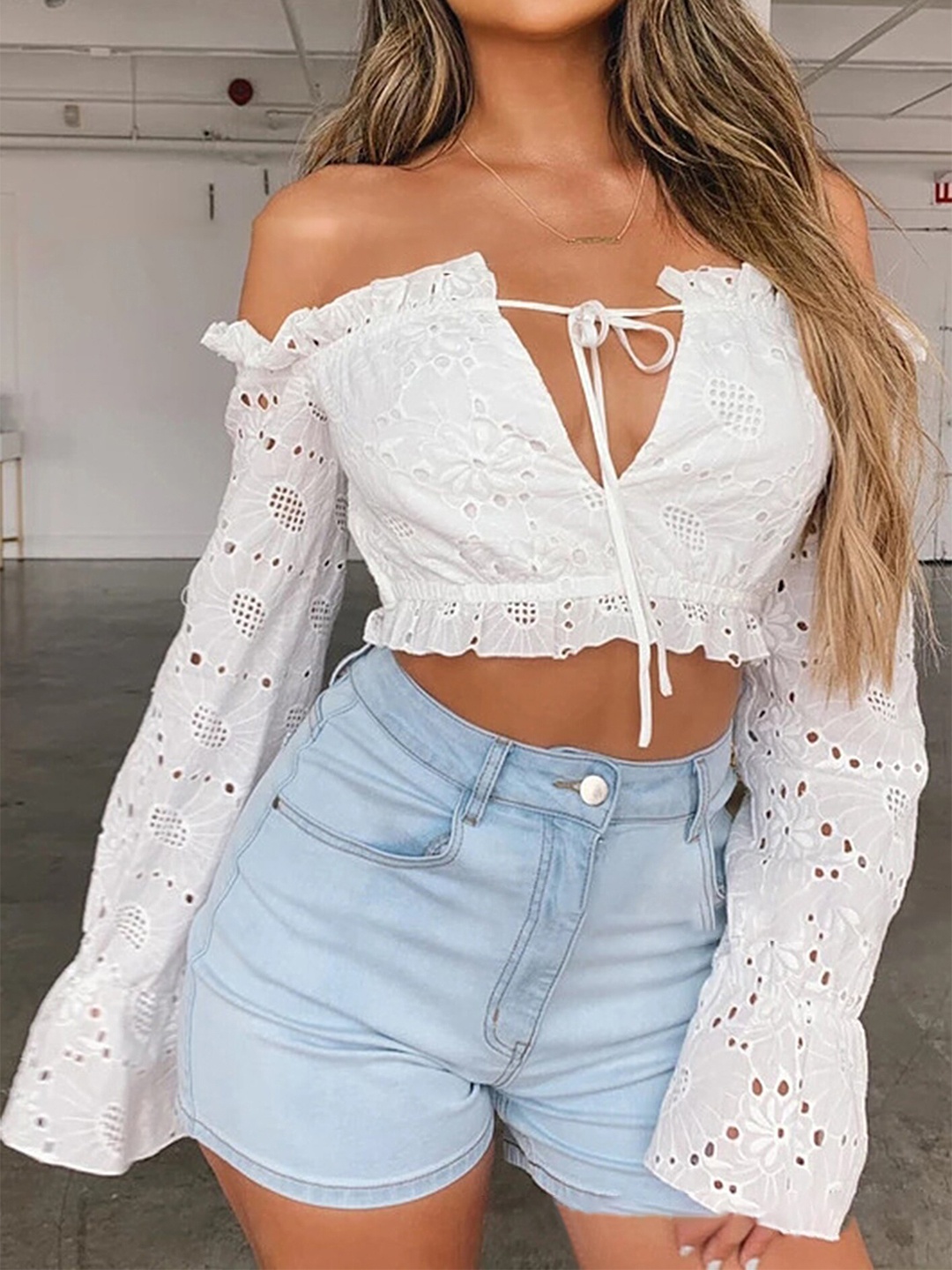 

LULU & SKY Self Design Off Shoulder Tie-Up Embroidered Bardot Crop Top, White