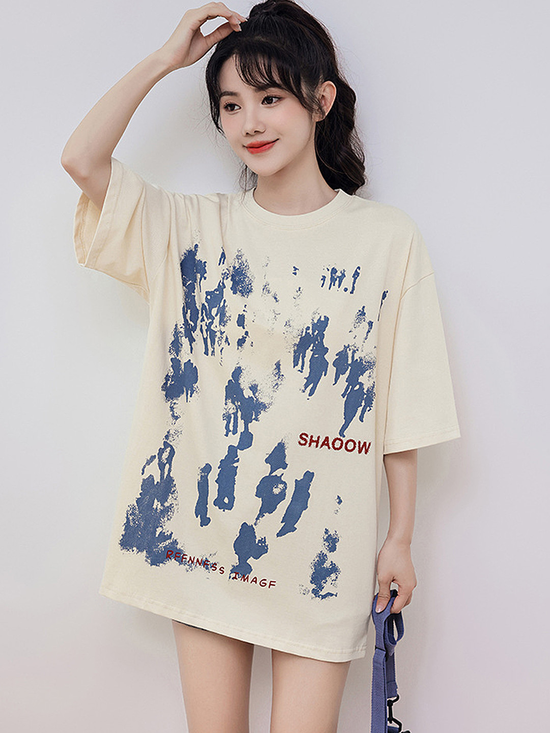 

LULU & SKY Abstract Printed Drop-Shoulder Sleeves Cotton Tshirt, Khaki