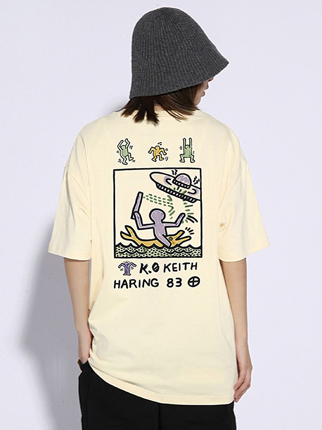 

LULU & SKY Printed Pure Cotton Drop-Shoulder Sleeves Boxy T-shirt, Beige