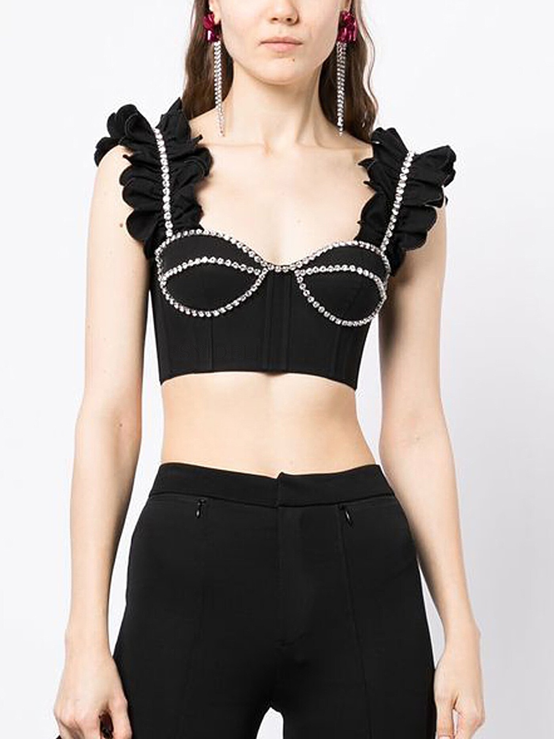 

LULU & SKY Embellished Sweetheart Neck Shoulder Straps Studded Bralette Crop Top, Black