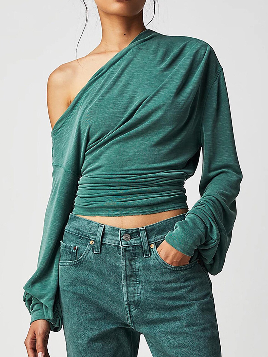 

LULU & SKY One-Shoulder Ruched Crop Top, Green