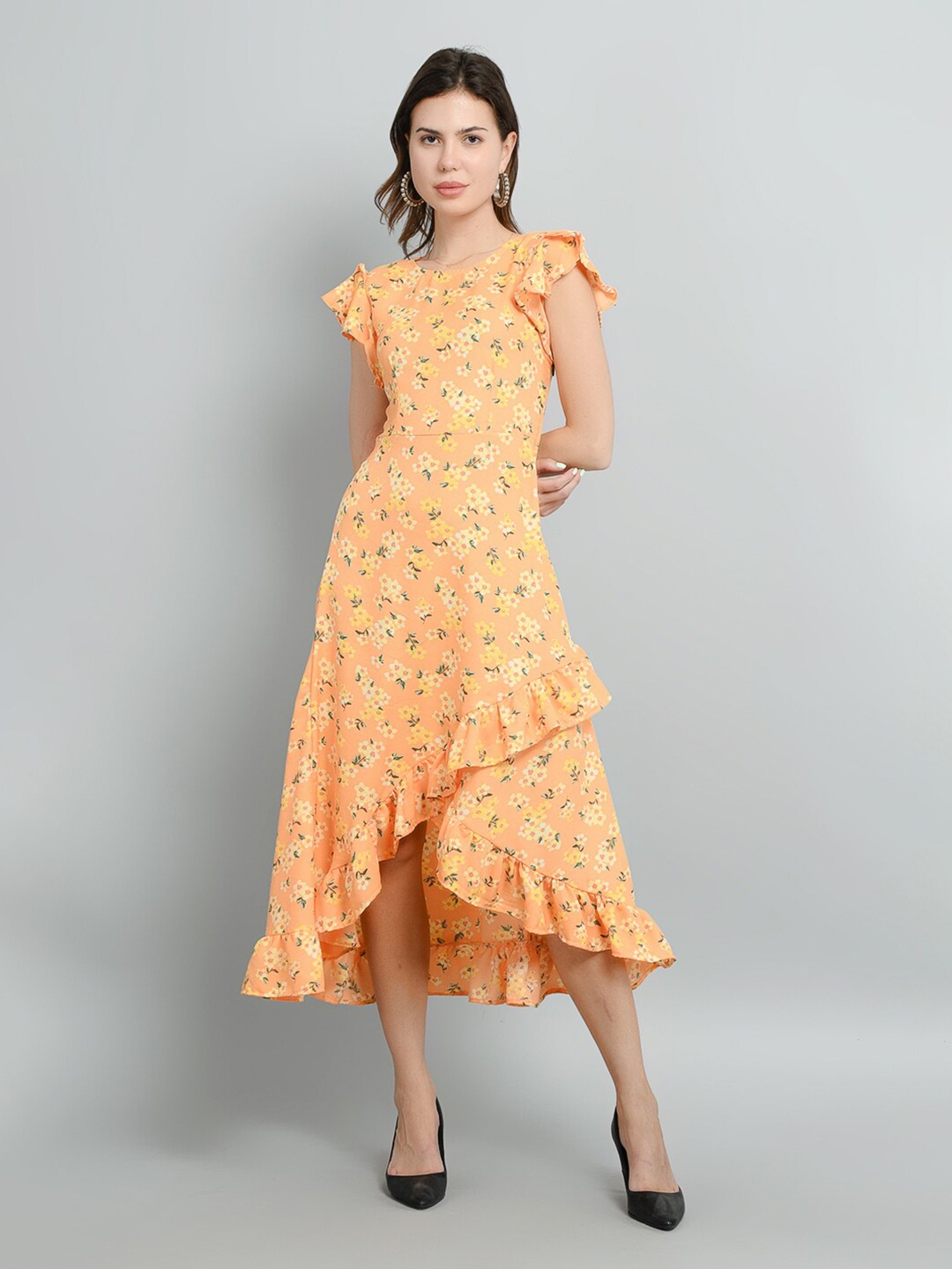 

Kushi Flyer Floral Printed Flutter Sleeve A-Line Midi Dress, Yellow