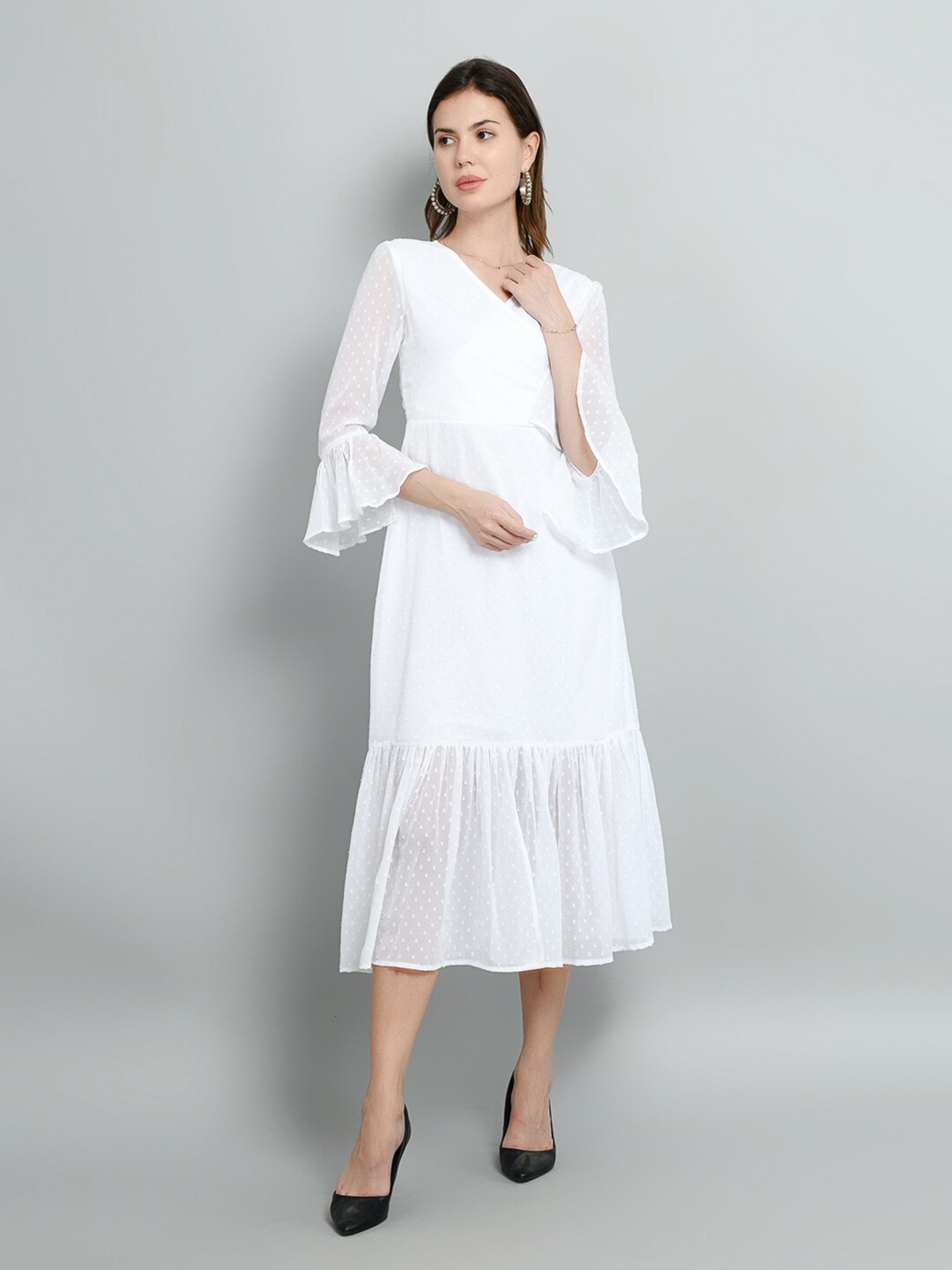 

Kushi Flyer Self Design V-Neck Bell Sleeve Pure Georgette Wrap Dress, White