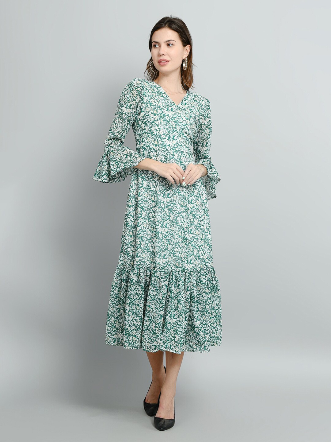 

Kushi Flyer Floral Print Bell Sleeve Crepe Fit & Flare Midi Dress, Green