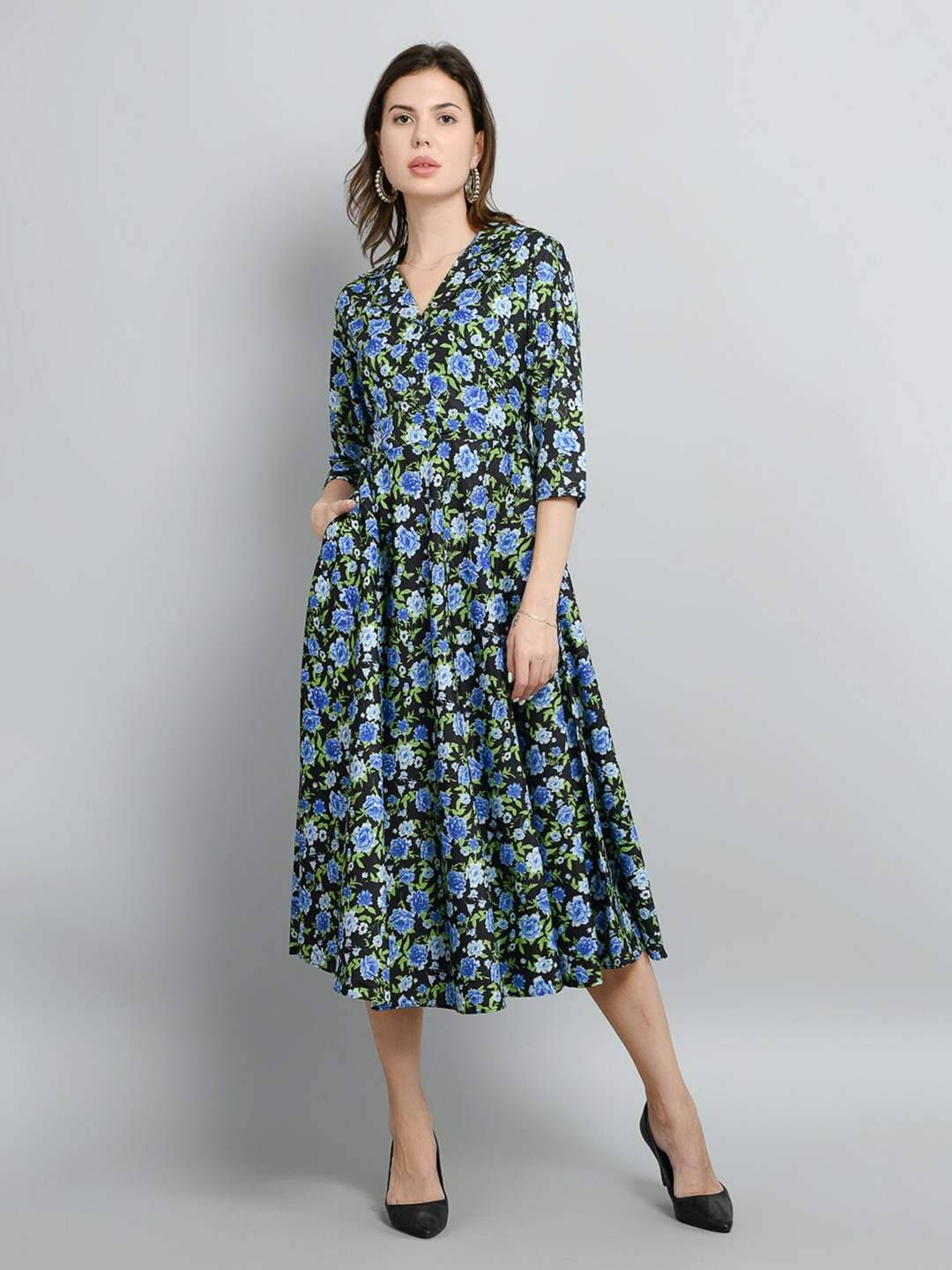 

Kushi Flyer Floral Printed Crepe A-Line Midi Dress, Green