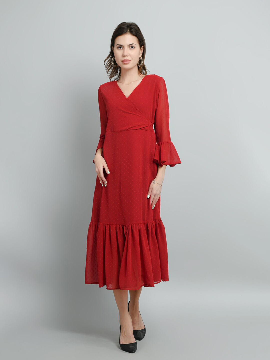 

Kushi Flyer Self Design V-Neck Bell Sleeve Pure Georgette Wrap Dress, Red