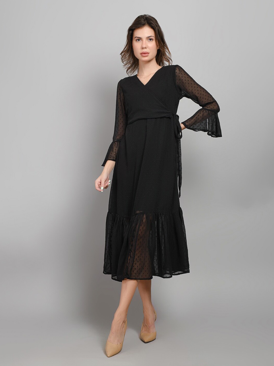 

Kushi Flyer Bell Sleeve Georgette A-Line Midi Dress, Black