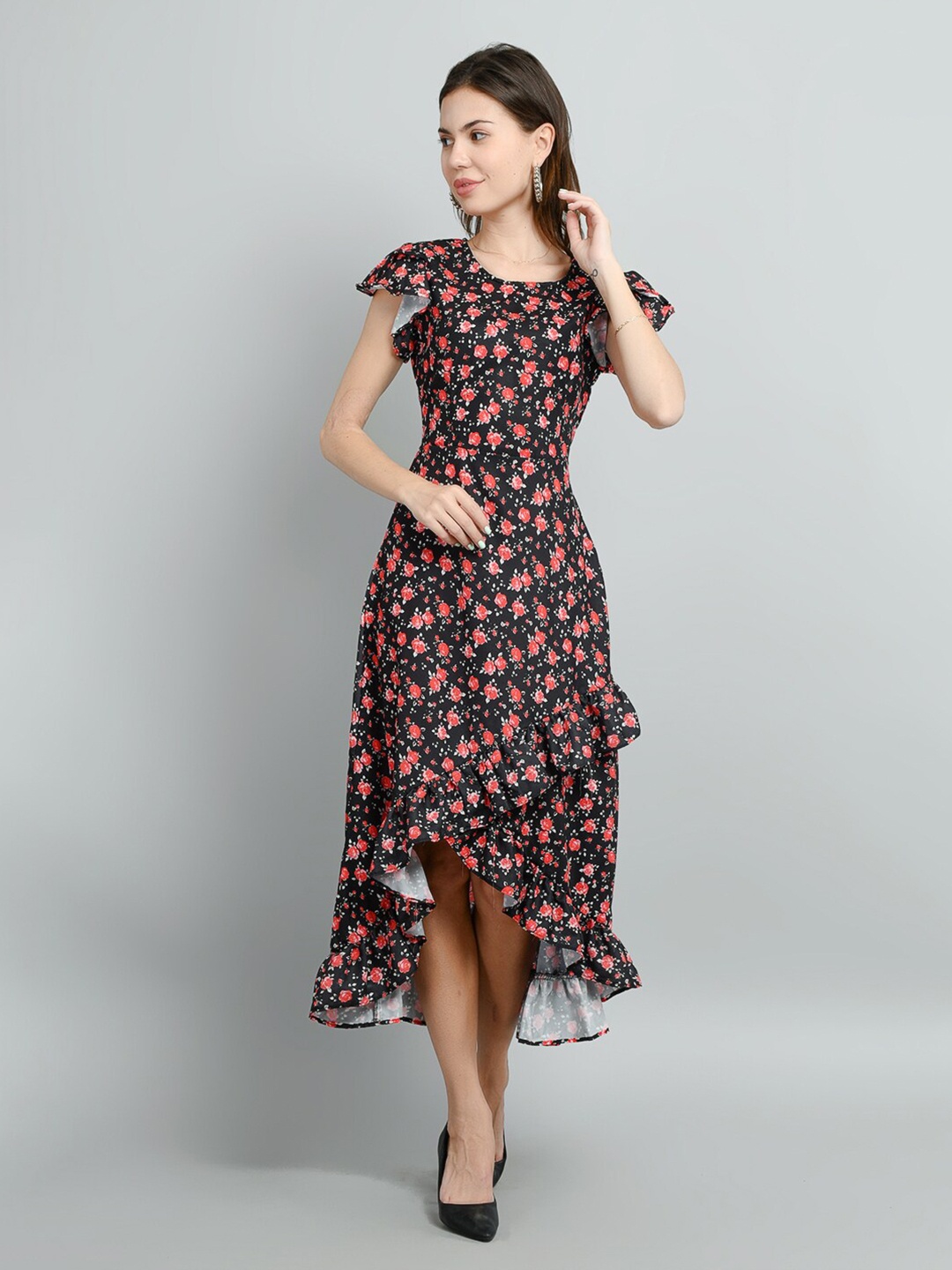

Kushi Flyer Floral Printed Flutter Sleeve Crepe Fit & Flare Midi Dress, Black
