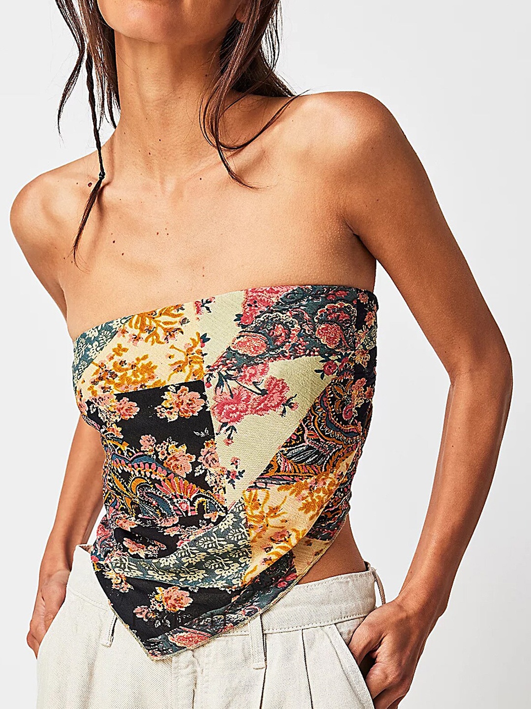 

LULU & SKY Floral Printed Smocked Tube Crop Top, Beige