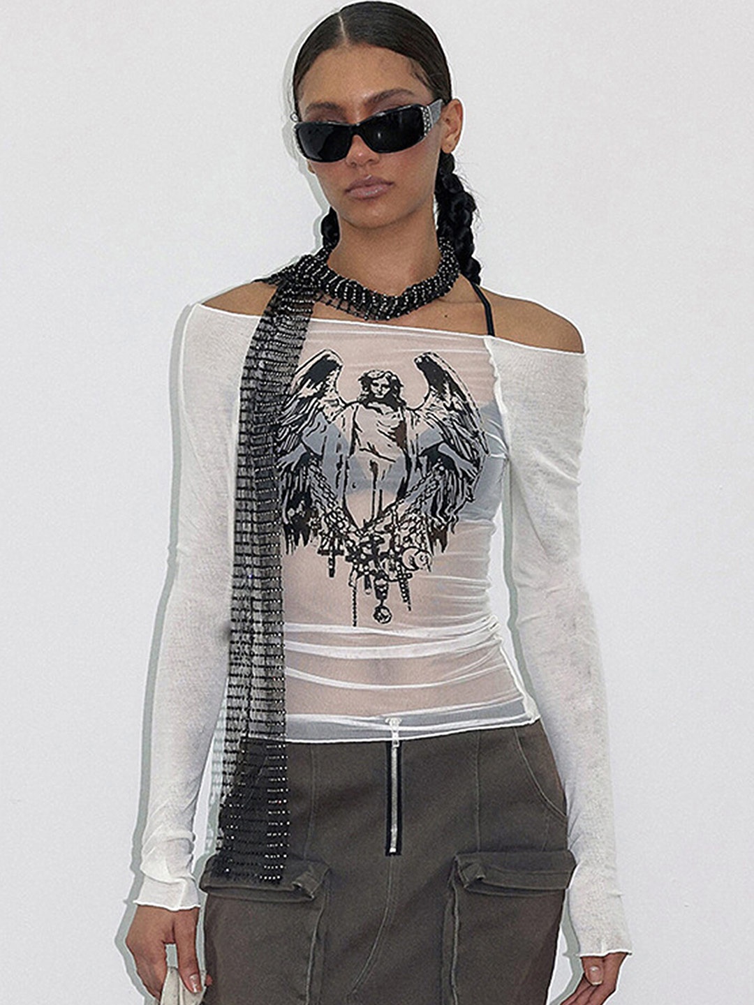 

LULU & SKY Graphic Print Off Shoulder Long Sleeves Bardot Crop Top, White