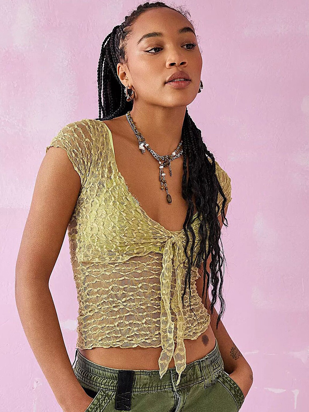 

LULU & SKY Tie-Up Neck Printed Crop Top, Green