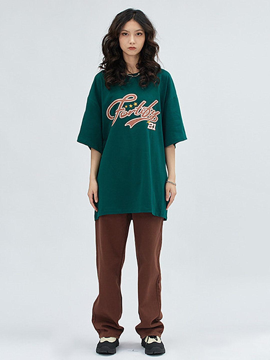 

LULU & SKY Typography Printed Round Neck Drop-Shoulder Sleeves Cotton Oversized T-shirt, Green