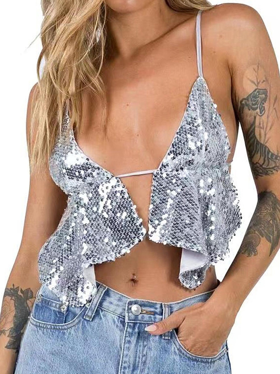 

LULU & SKY Floral Printed Bralette Crop Top, Silver