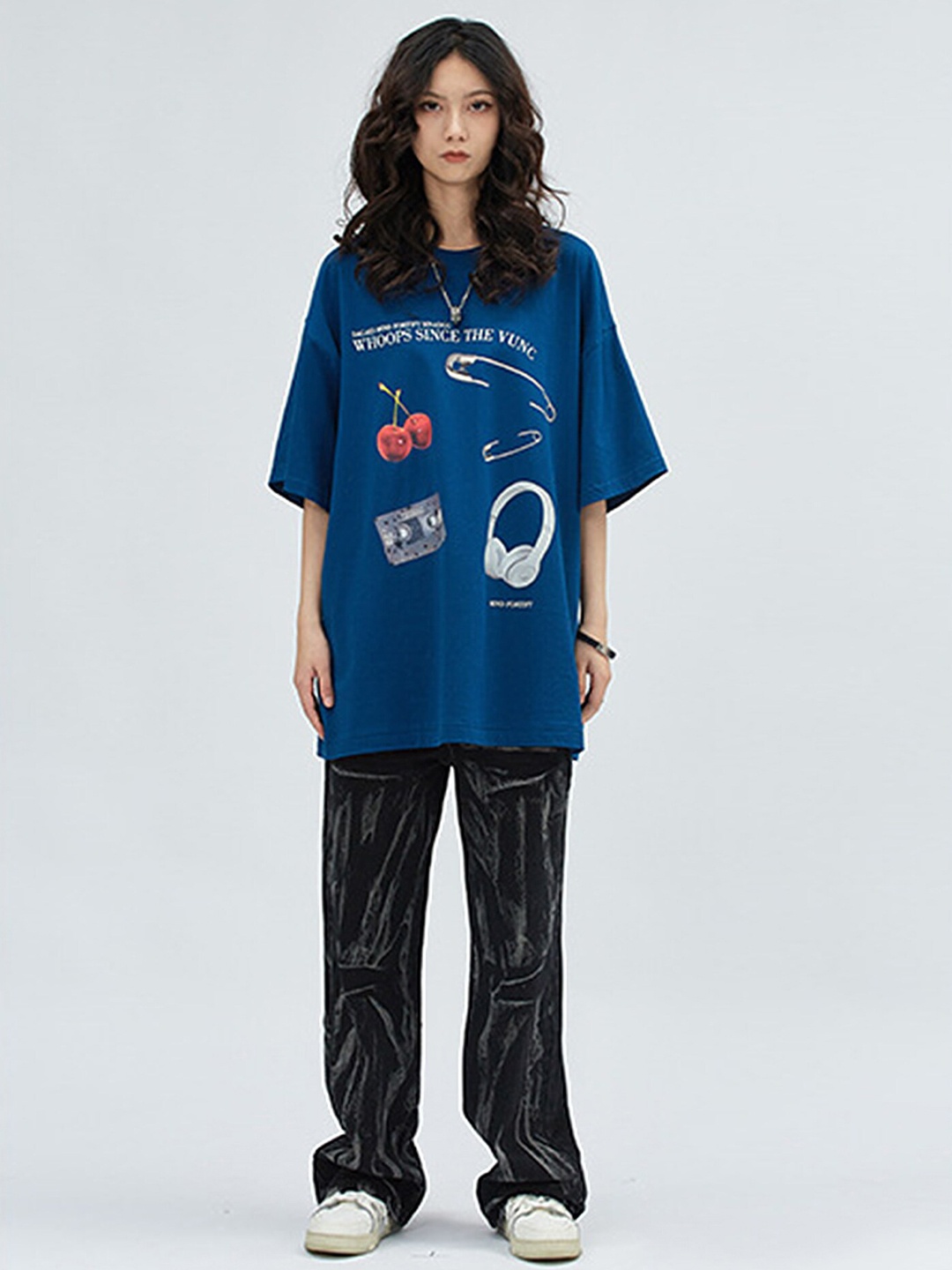 

LULU & SKY Graphic Printed Round Neck Drop-Shoulder Sleeves Cotton Oversized T-shirt, Blue
