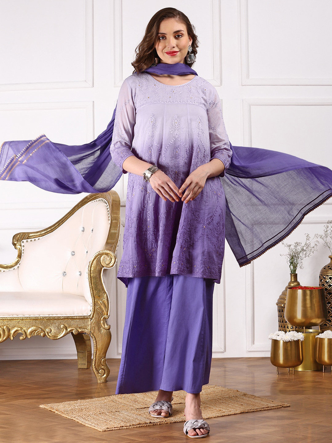 

Ishin Ombre Embroidered Regular Thread Work Pure Cotton Kurta with Trousers & Dupatta, Purple