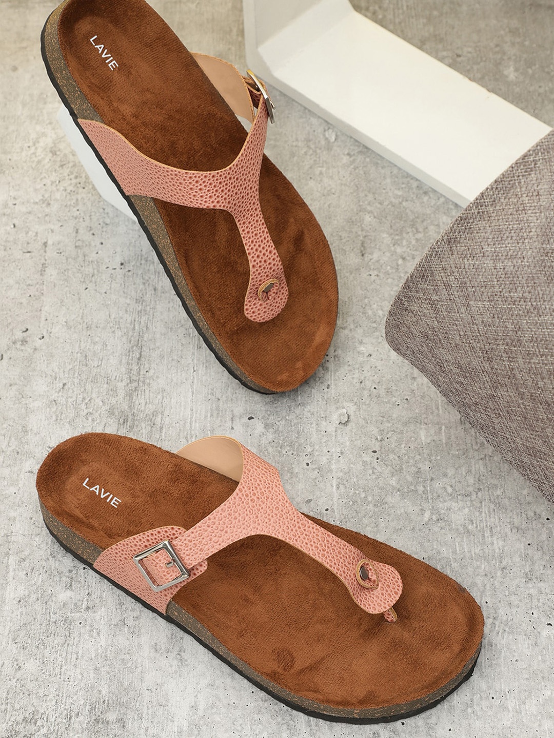 

Lavie Textured Buckle Detail Open Toe Flats, Pink
