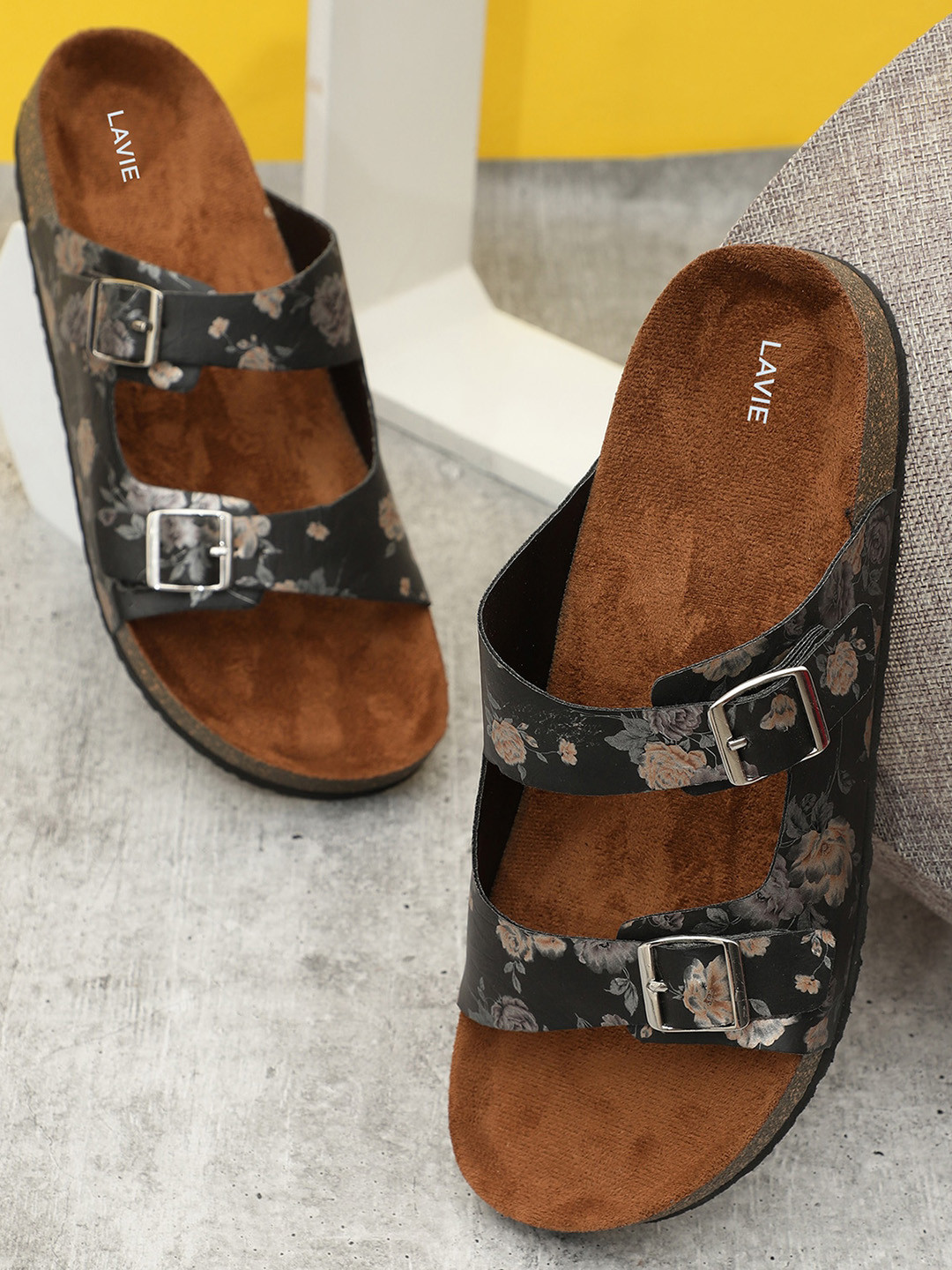 

Lavie Printed Open Toe Flats with Buckles, Black