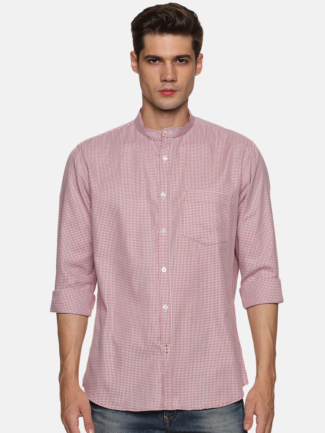 

DON VINO Comfort Micro Checked Band Collar Cotton Casual Shirt, Pink