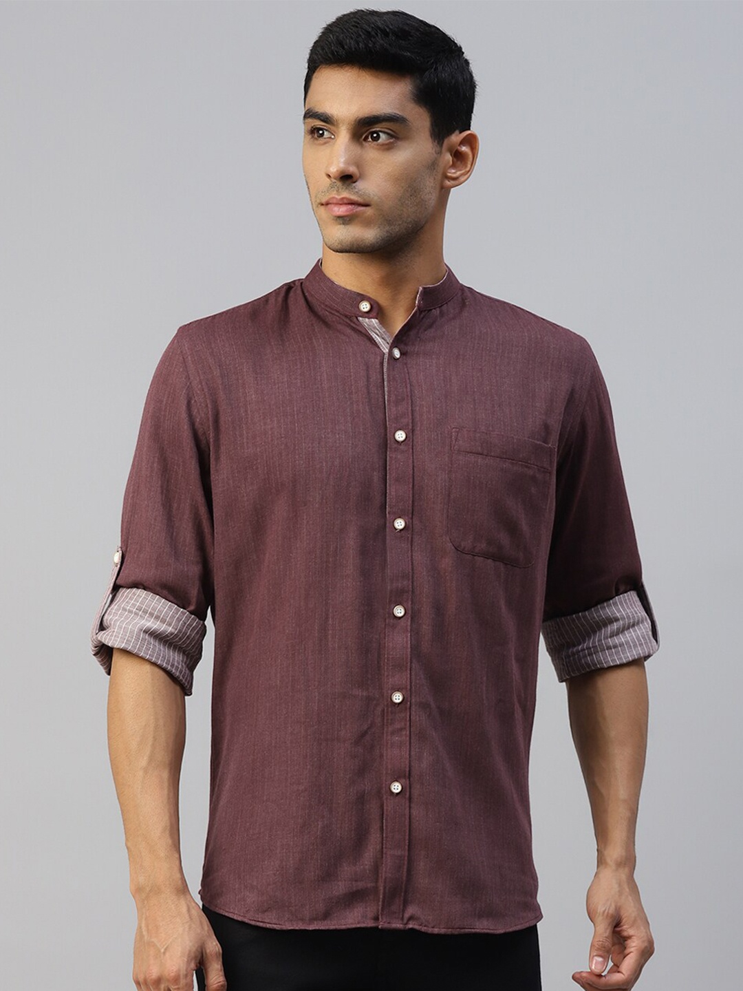DON VINO Comfort Band Collar Roll-Up Sleeves Casual Shirt, Maroon