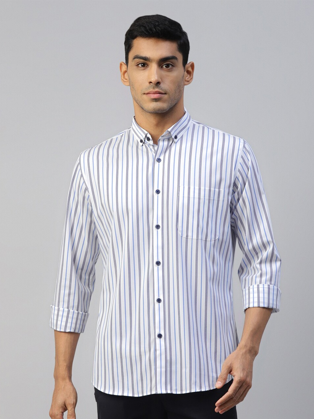 

DON VINO Comfort Vertical Striped Button Down Collar Cotton Formal Shirt, White