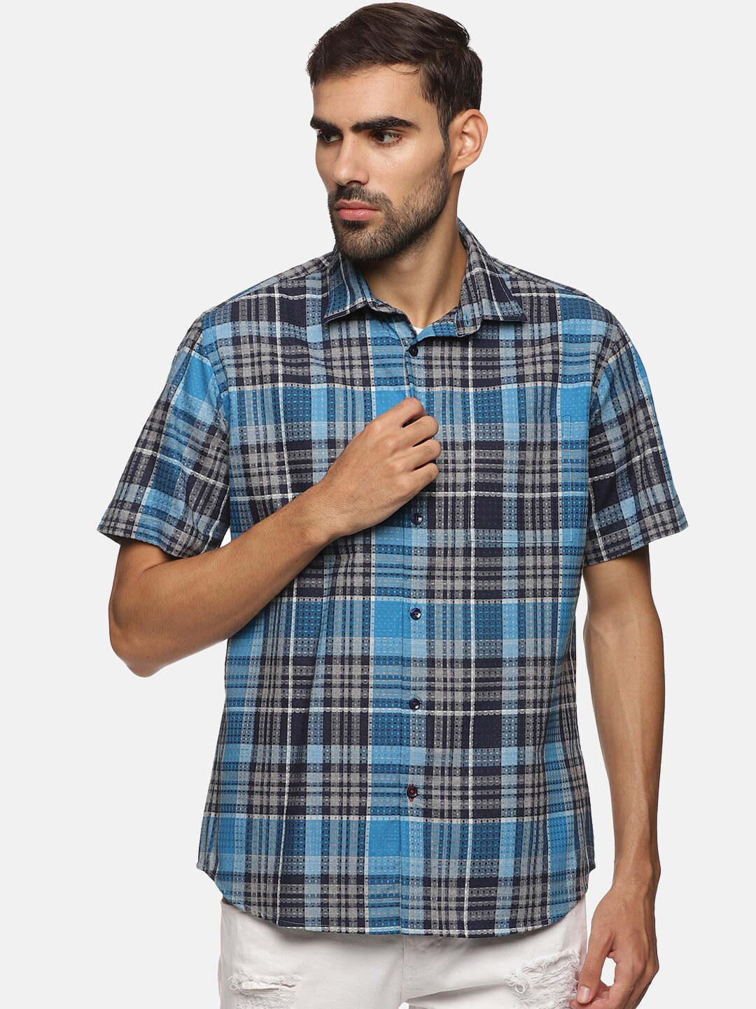 

DON VINO Comfort Tartan Checked Spread Collar Spread Collar Cotton Formal Shirt, Blue