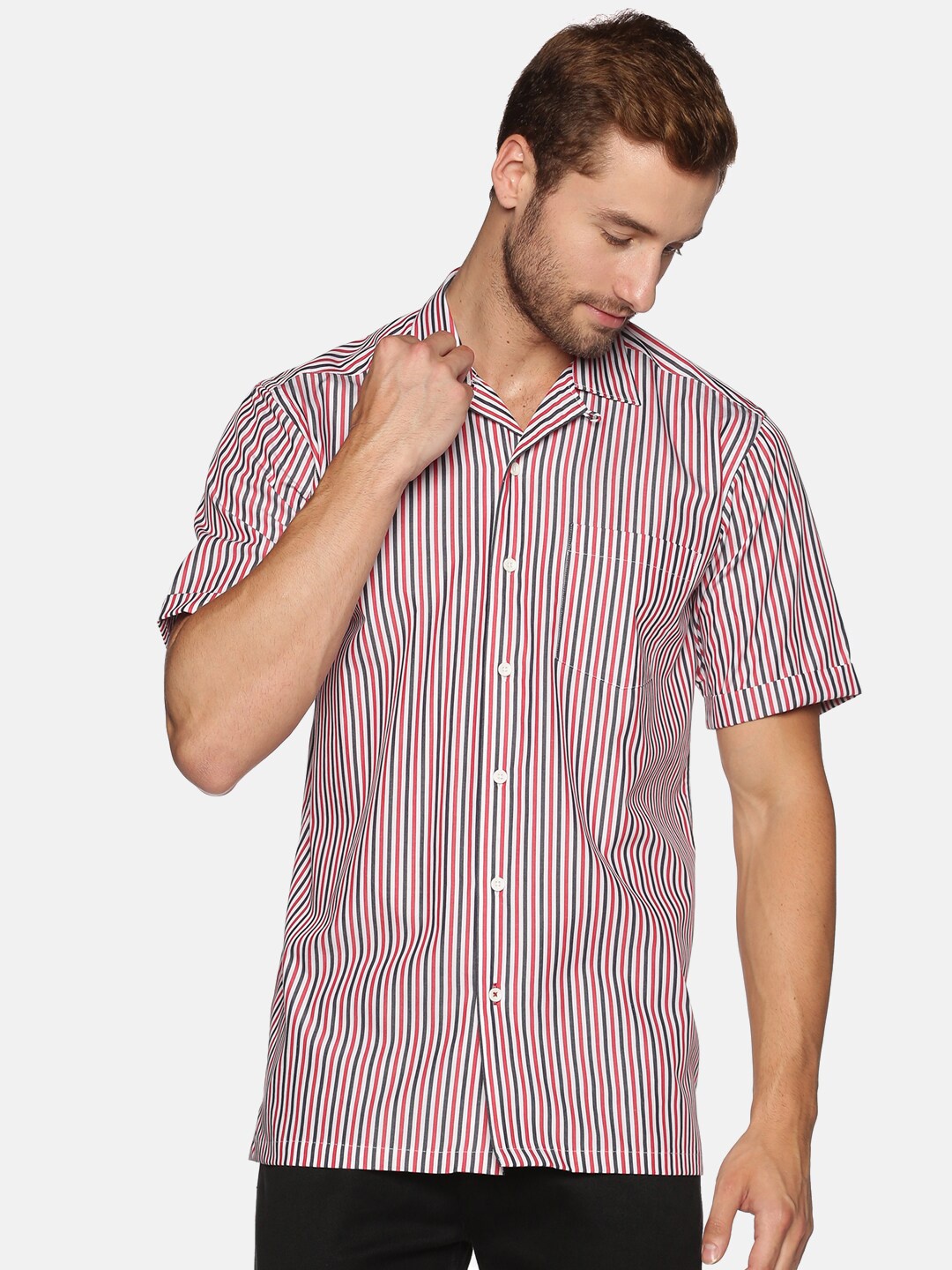 

DON VINO Comfort Vertical Striped Cuban Collar Cotton Casual Shirt, Pink