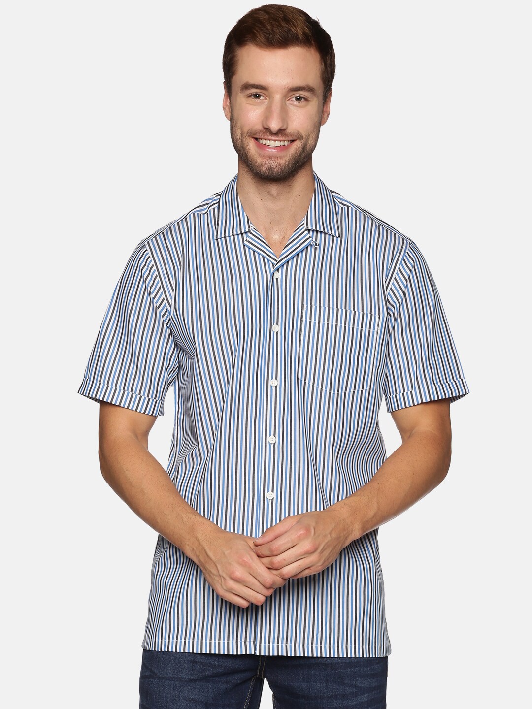 

DON VINO Comfort Vertical Striped Cuban Collar Cotton Casual Shirt, Blue