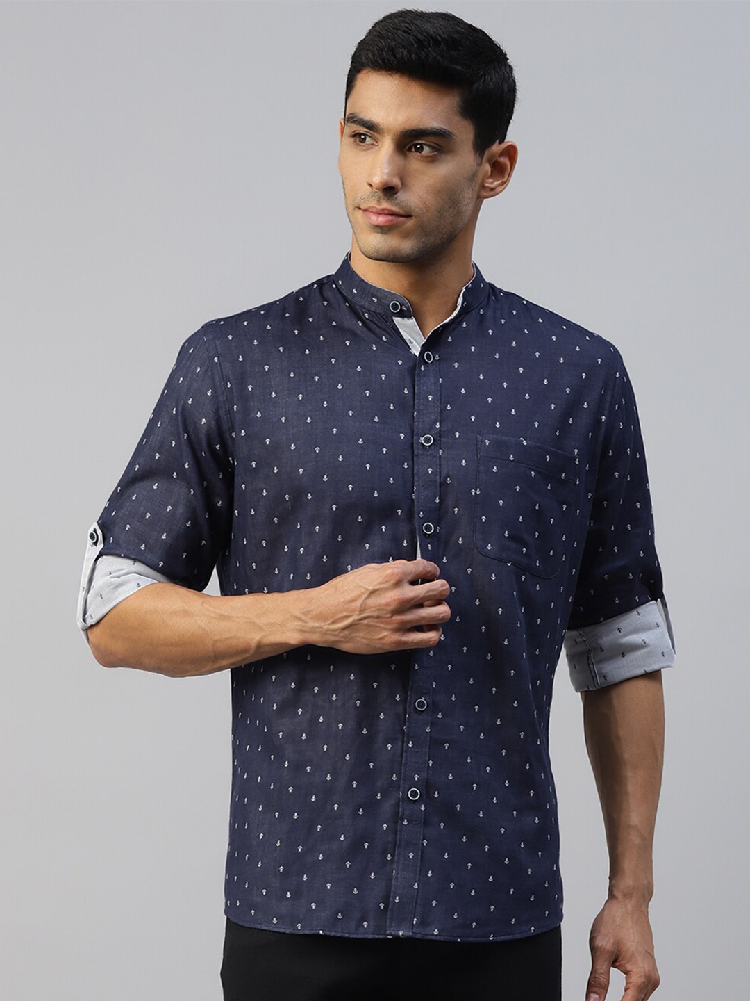 DON VINO Comfort Conversational Printed Band Collar Casual Shirt, Navy blue