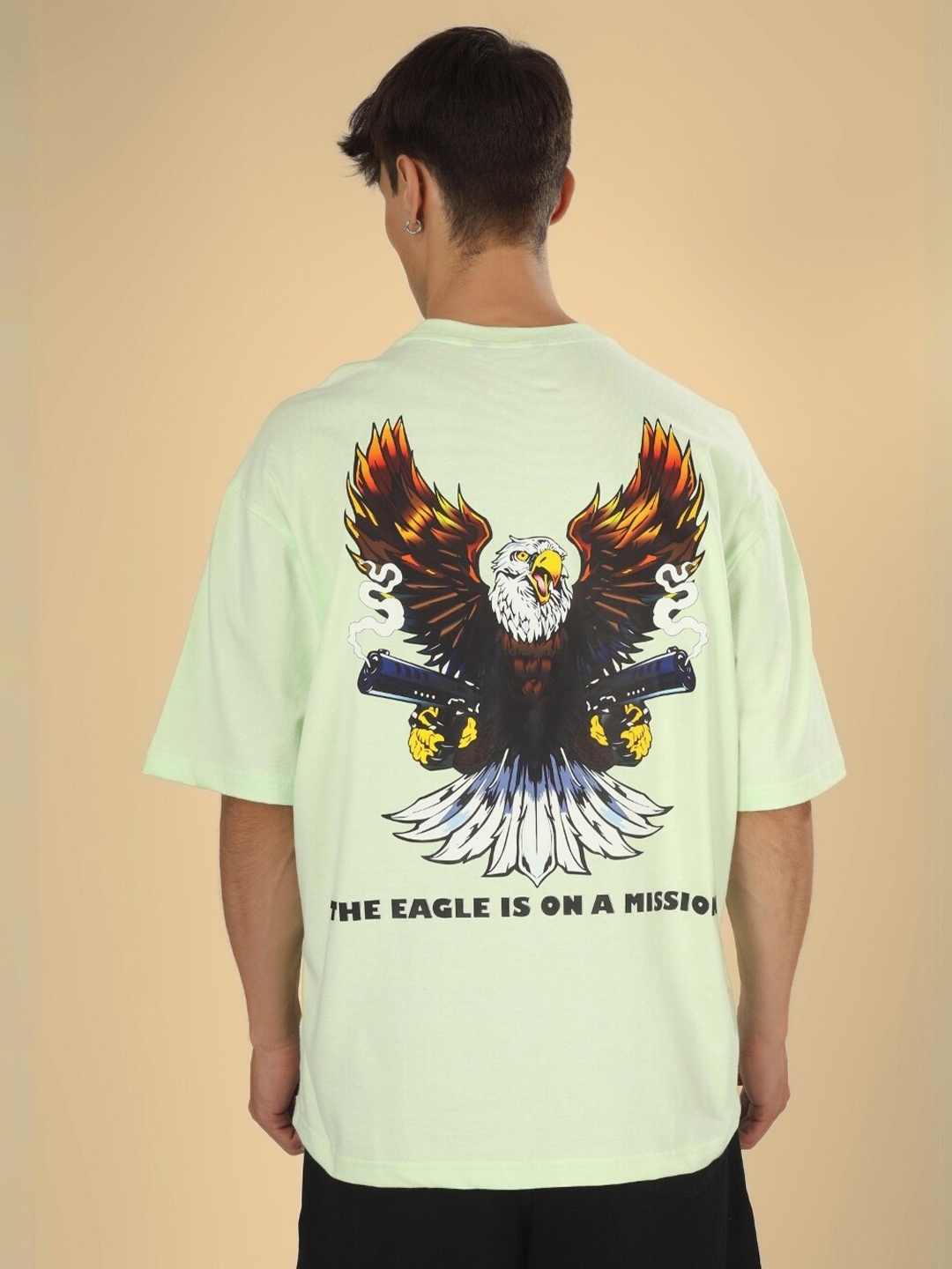 

WEARDUDS Eagle Printed Drop-Shoulder Sleeves Pure Cotton Oversized T-shirt, Green