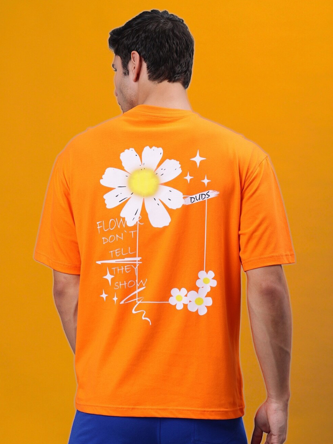 

WEARDUDS Floral Printed Drop-Shoulder Sleeves Pure Cotton Oversized T-shirt, Orange