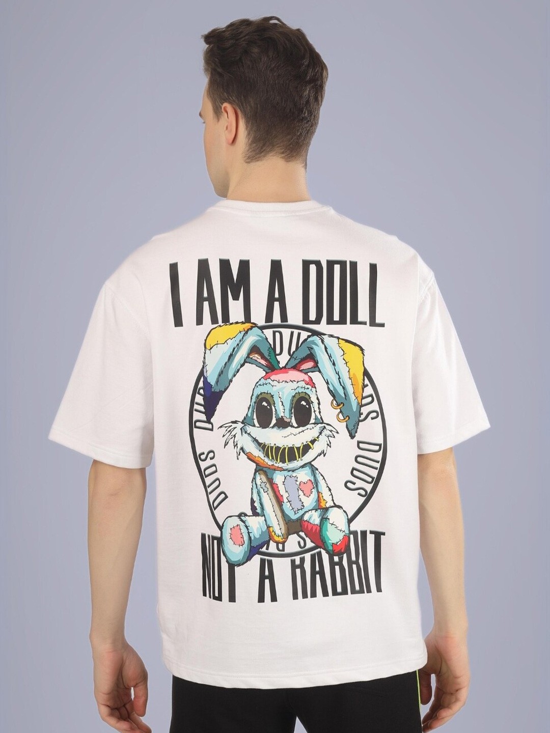 

WEARDUDS A Doll Not Rabbit Printed Drop-Shoulder Sleeves Oversized T-shirt, White