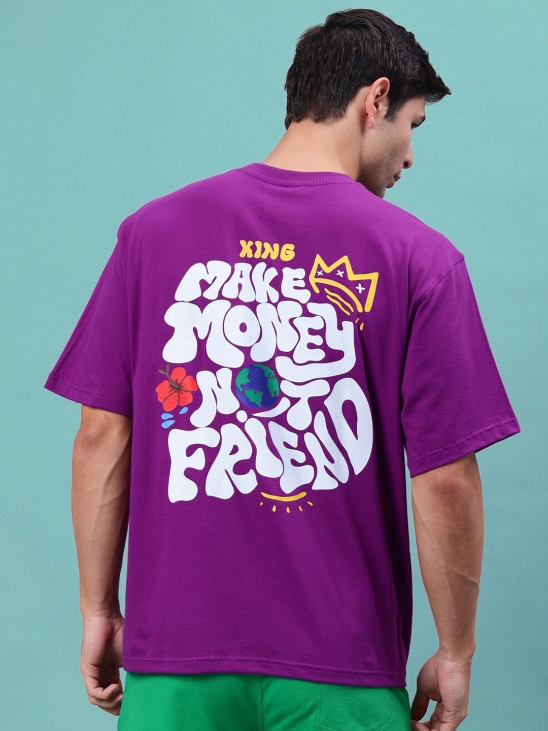 

WEARDUDS Typography Printed Drop-Shoulder Sleeves Pure Cotton Oversized T-shirt, Purple