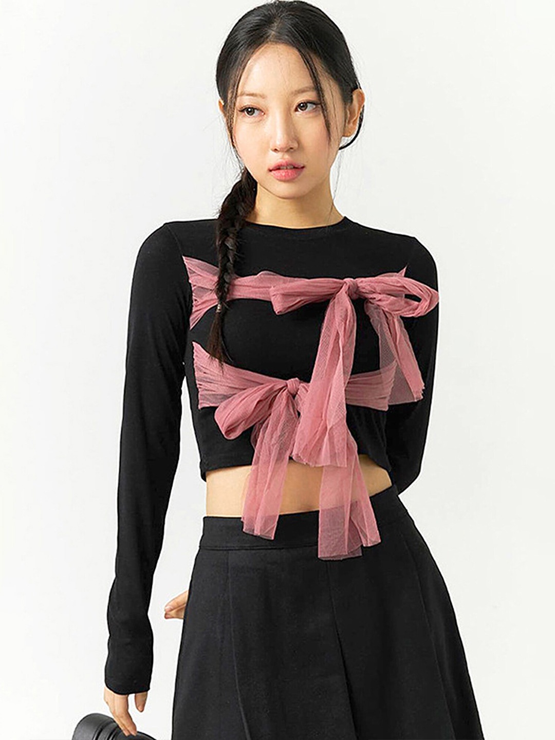 

LULU & SKY Bow & Tie Up Fitted Crop Top, Black