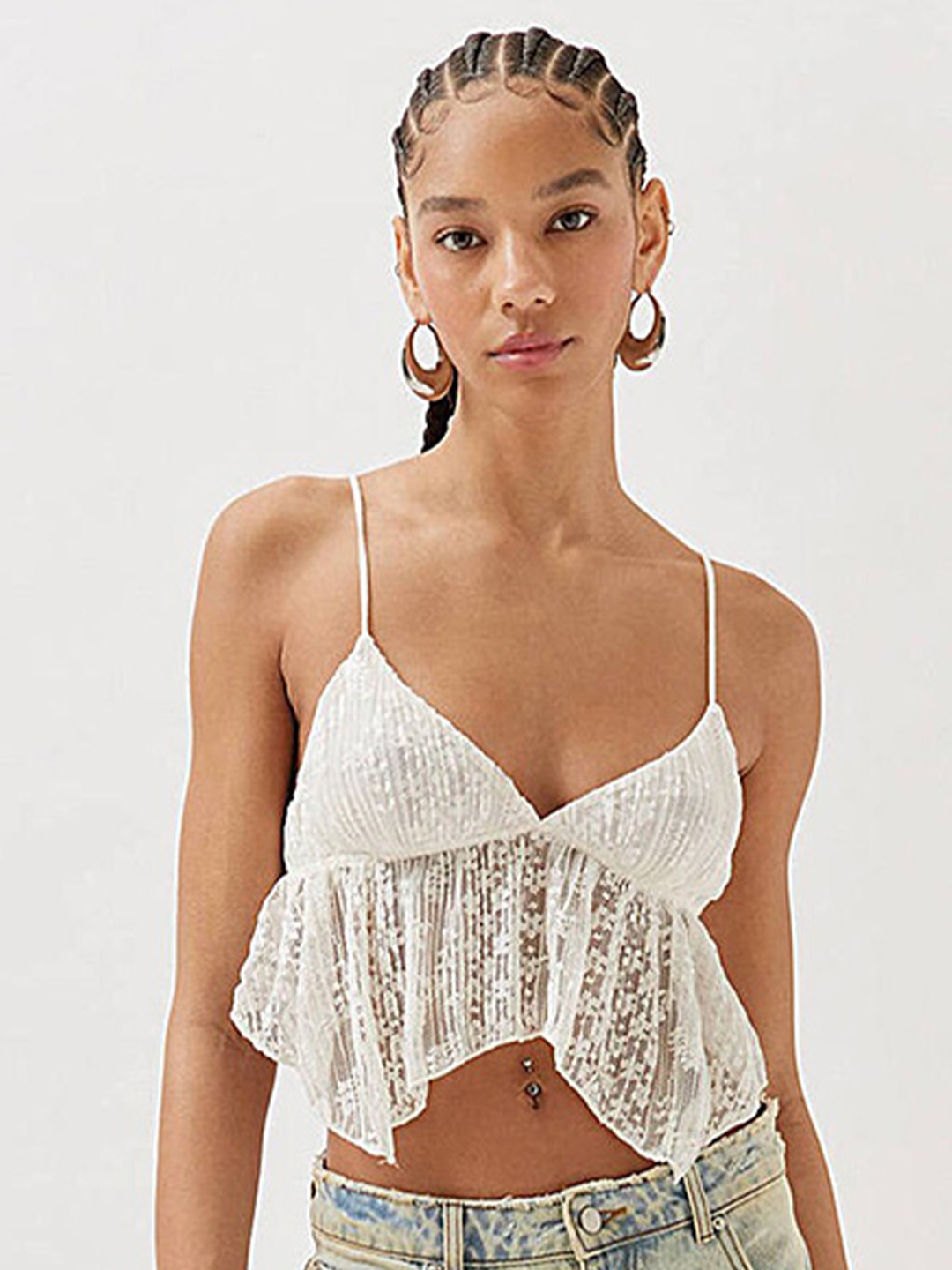 

LULU & SKY Self Design Shoulder Straps Lace Up Crop Empire Top, White