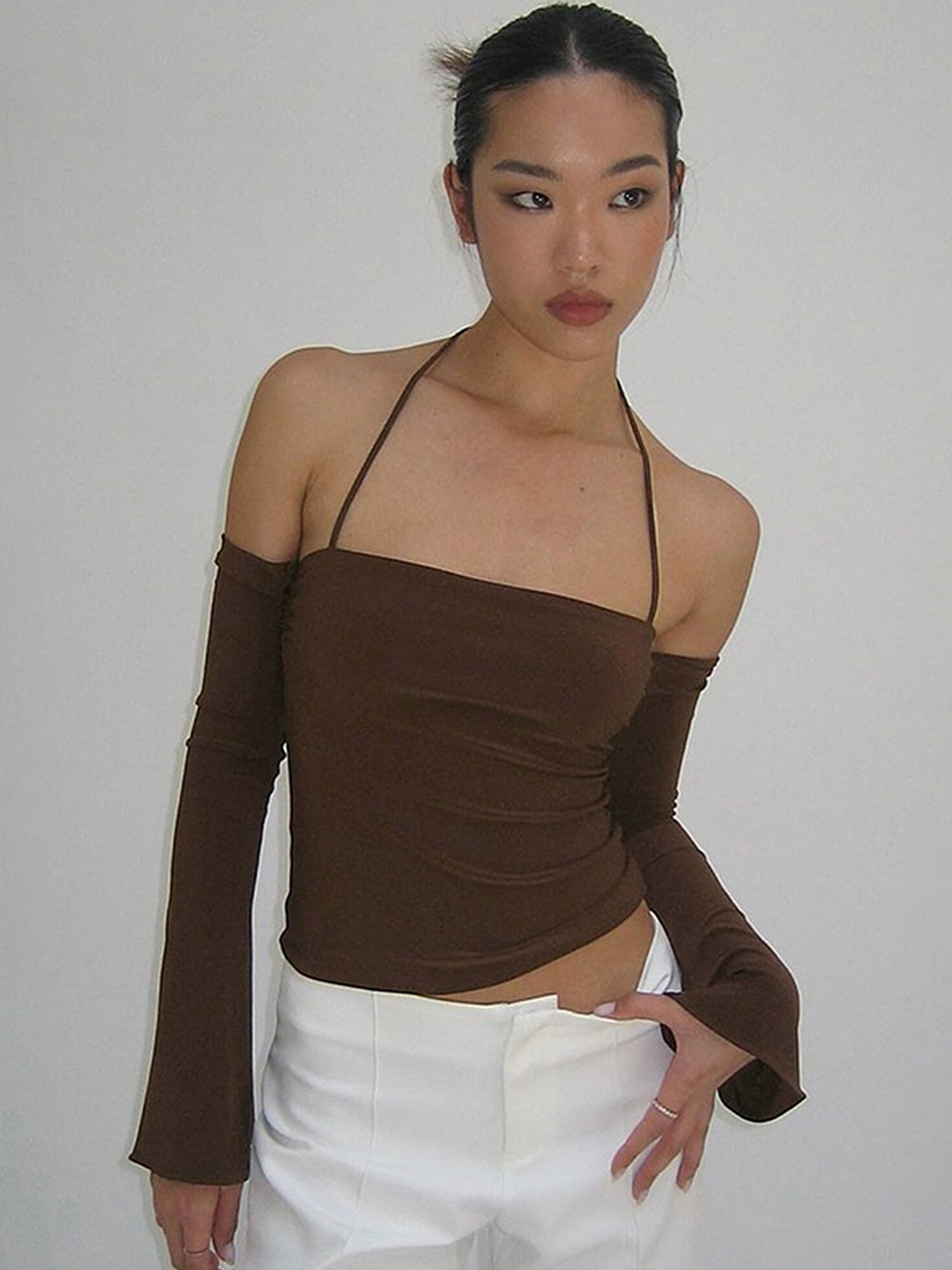 

LULU & SKY Halter Neck Cold-Shoulder Sleeves Bardot Crop Top, Brown