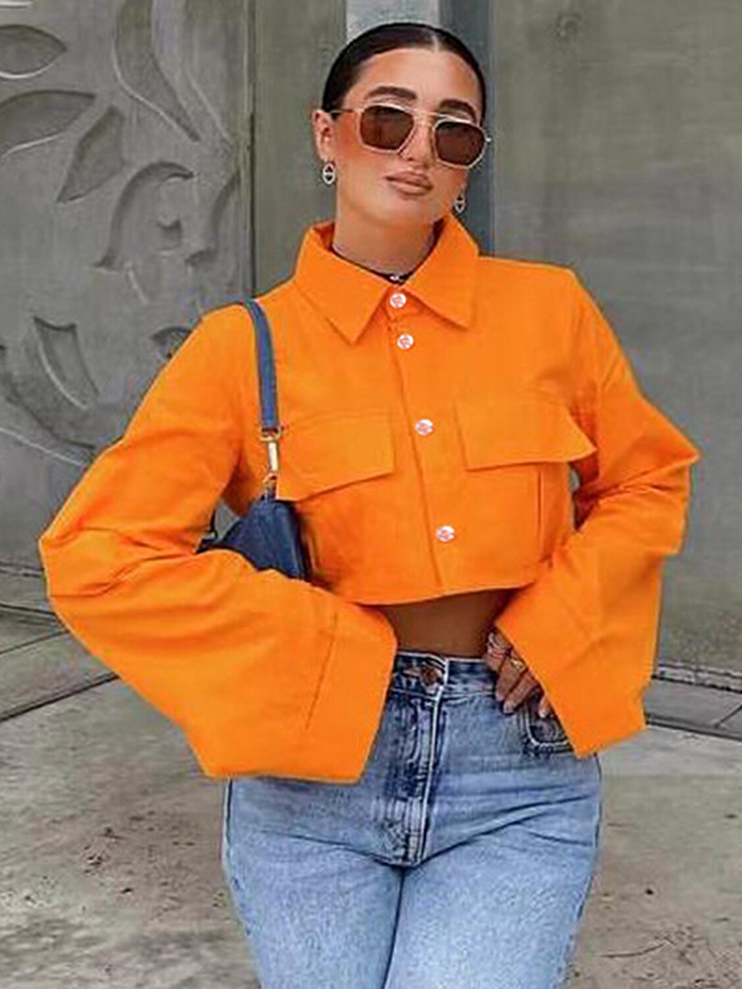 

LULU & SKY Shirt Collar Flared Sleeves Crop Shirt Style Top, Orange