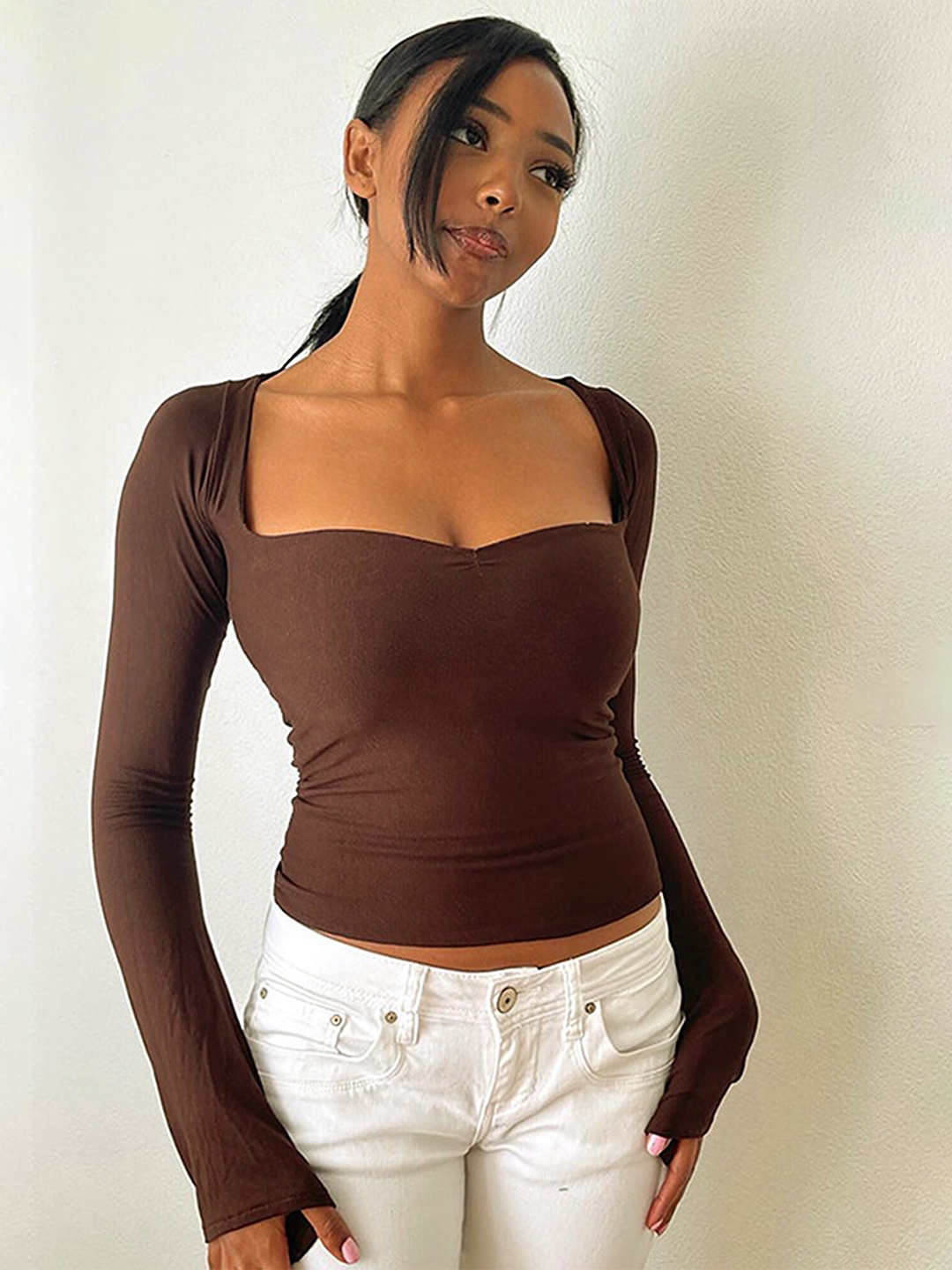 

LULU & SKY Sweetheart Neck Long Sleeves Fitted Top, Brown