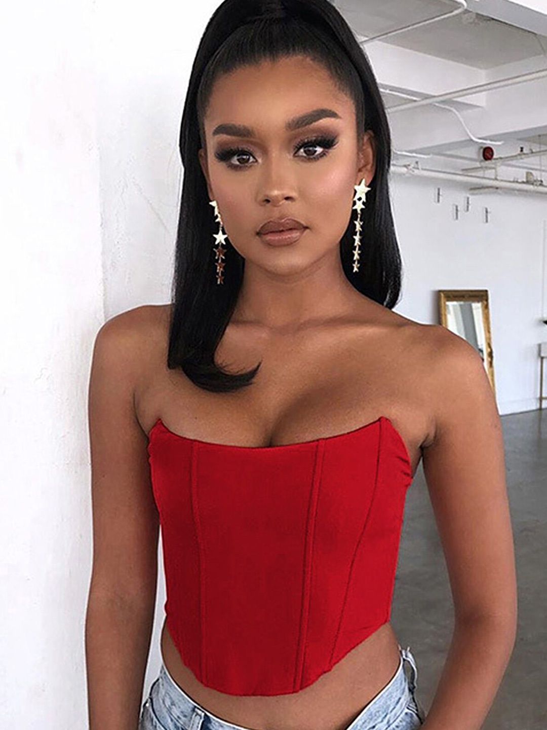 

LULU & SKY Strapless Corset Crop Top, Red