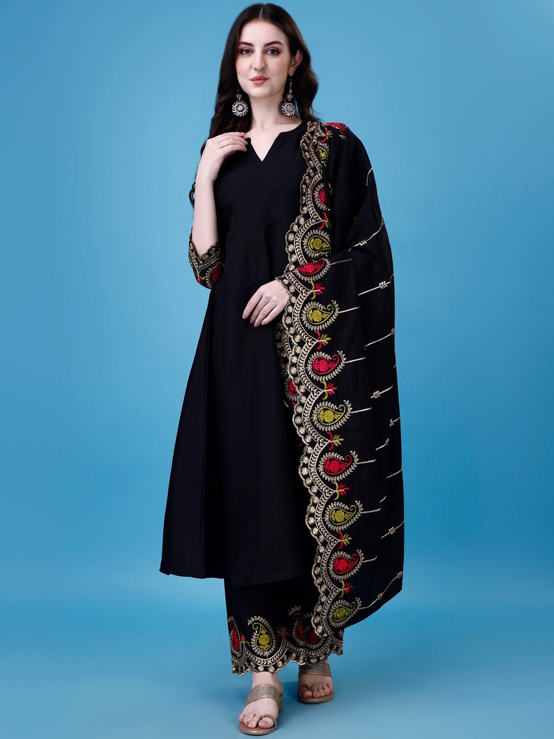 

KALINI Thread Work Anarkali Kurta With Palazzos & Dupatta, Black