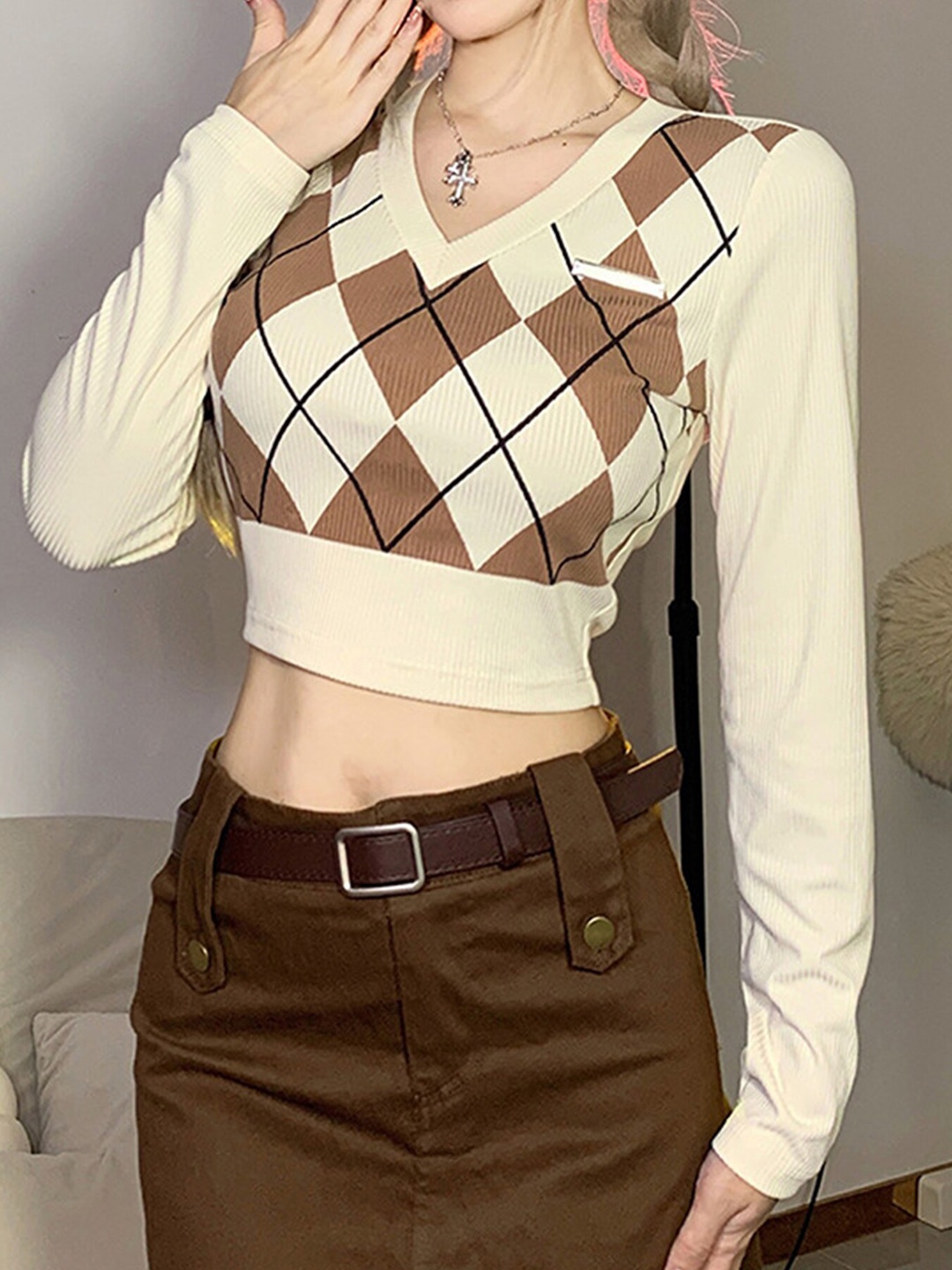 

LULU & SKY Checked V-Neck Crop Top, Beige