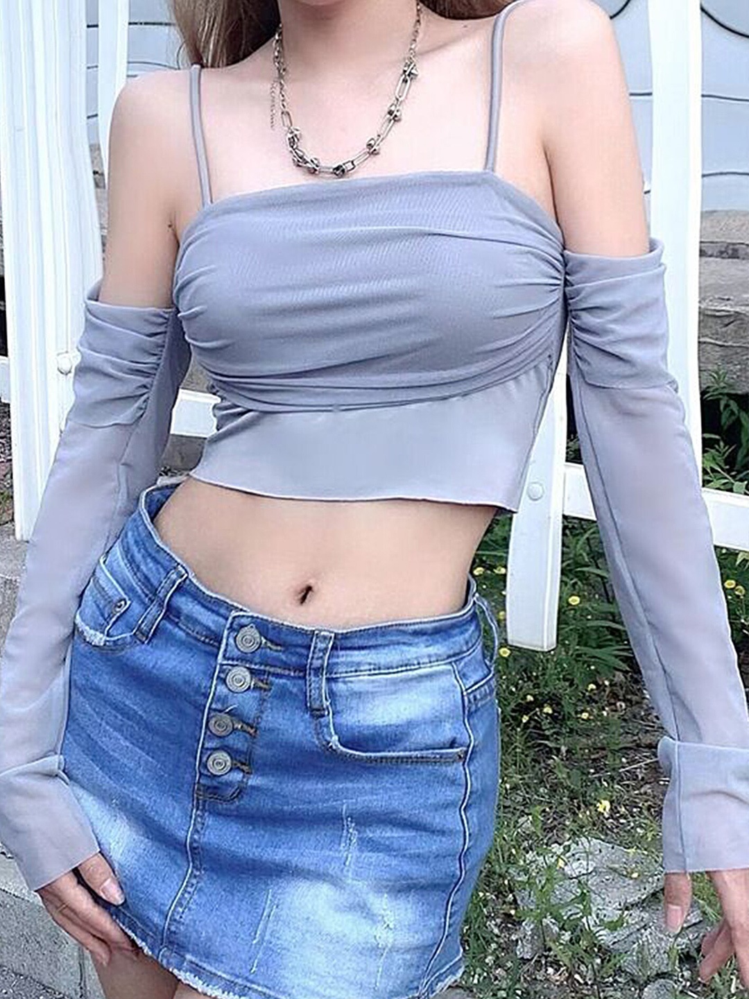 

LULU & SKY Shoulder Straps Cold Shoulder Sleeve Crop Top, Grey