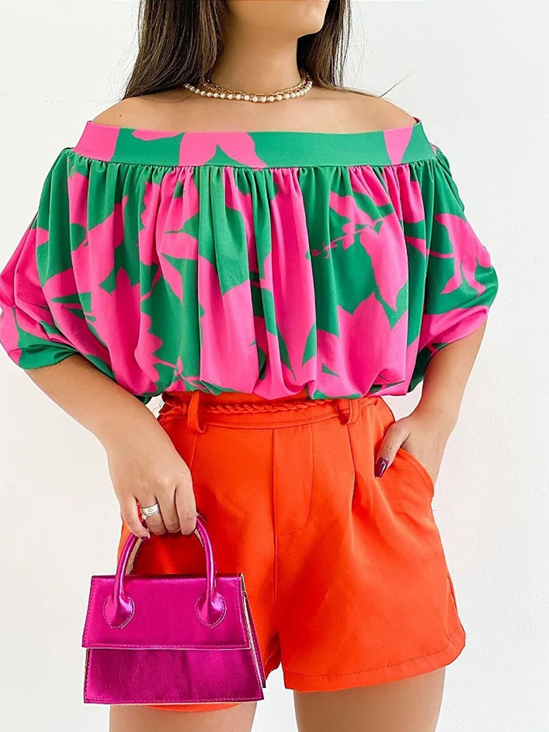 

LULU & SKY Abstract Printed Off-Shoulder Kimono Sleeve Bardot Top, Rose