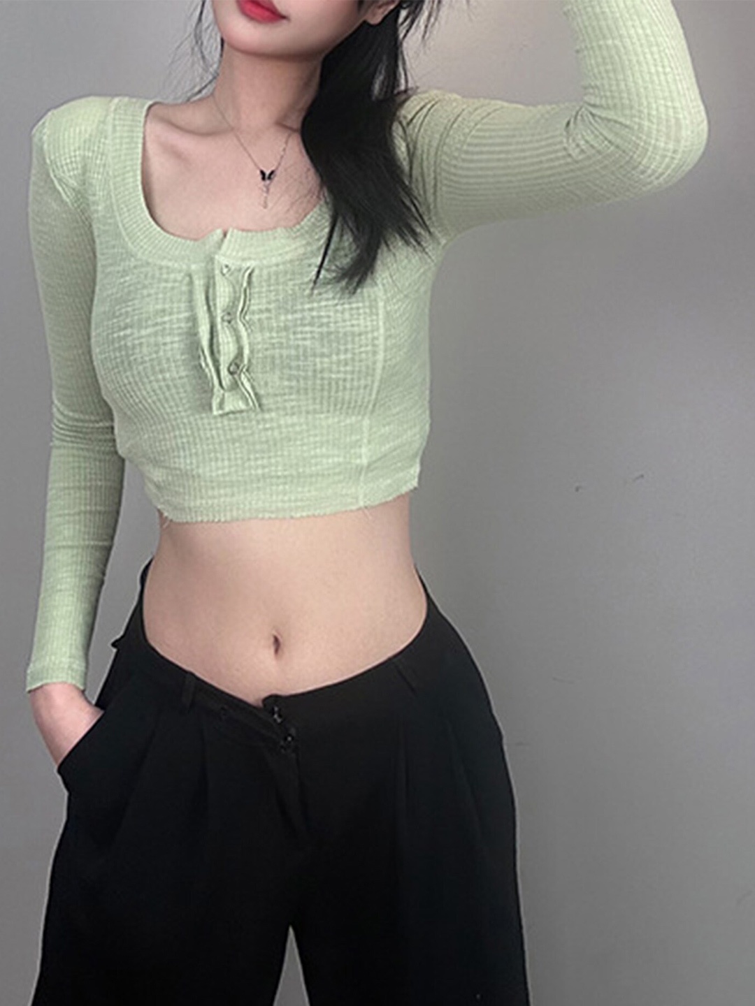 

LULU & SKY Snap-Button Closure Fitted Cotton Crop Top, Green