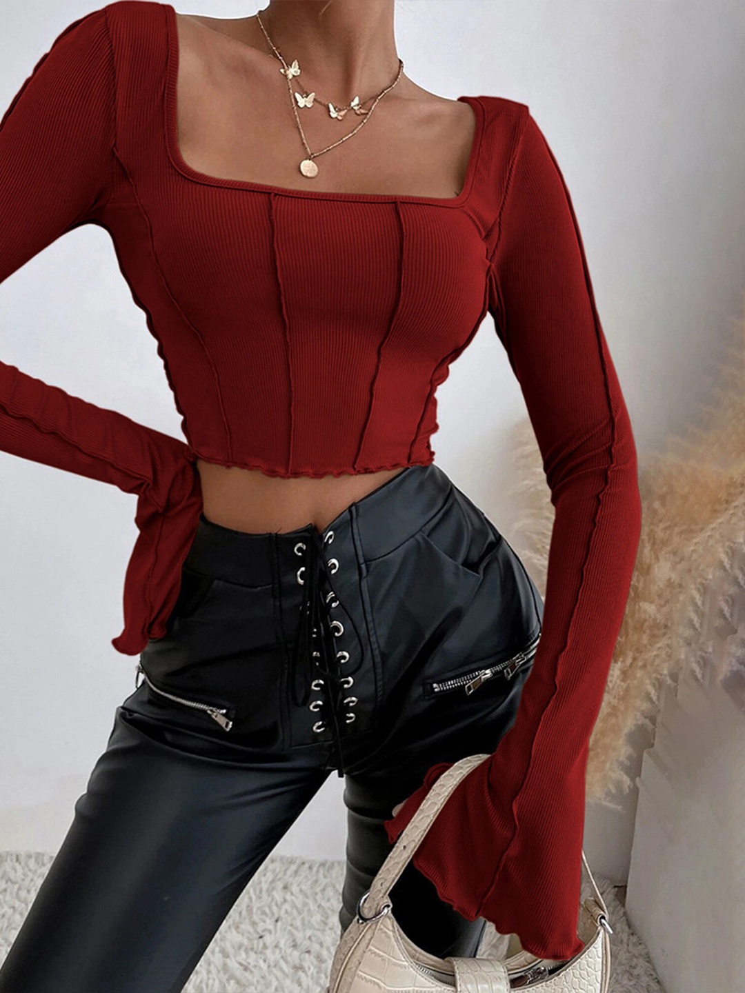

LULU & SKY Square Neck Long Sleeves Fitted Crop Top, Burgundy