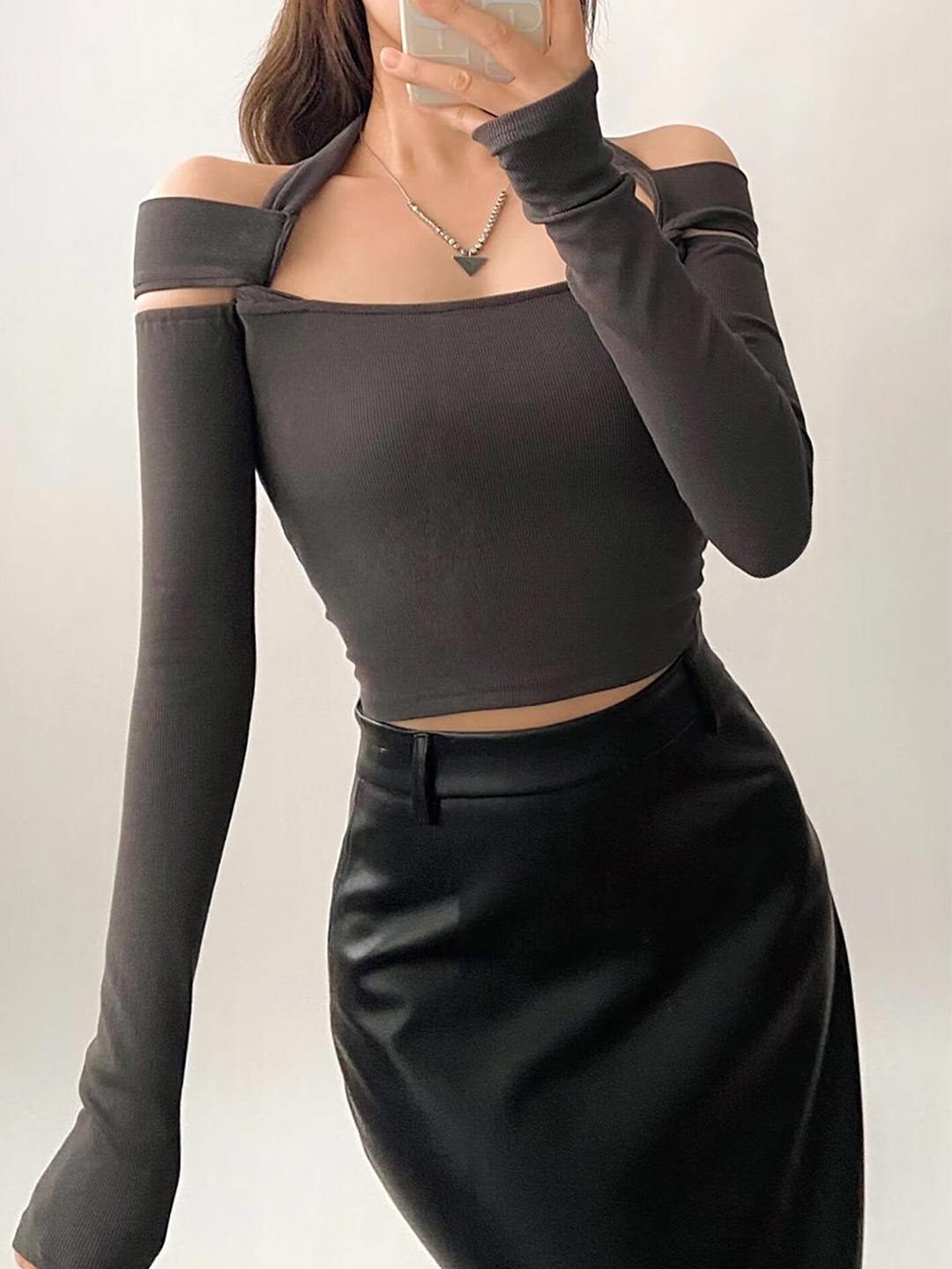 

LULU & SKY Halter Neck Fitted Crop Top, Grey