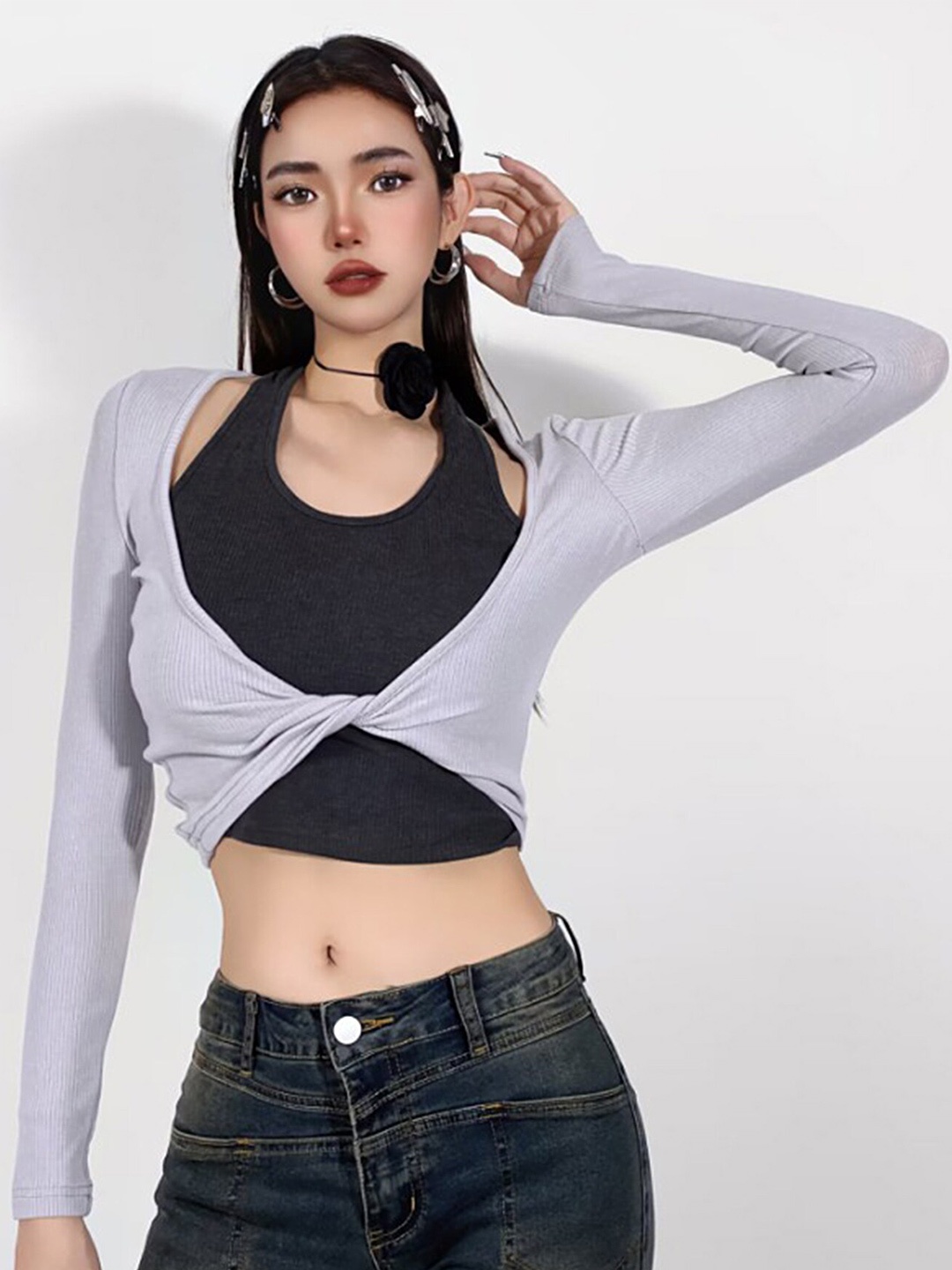

LULU & SKY Scoop Neck Wrap Crop Top, Grey