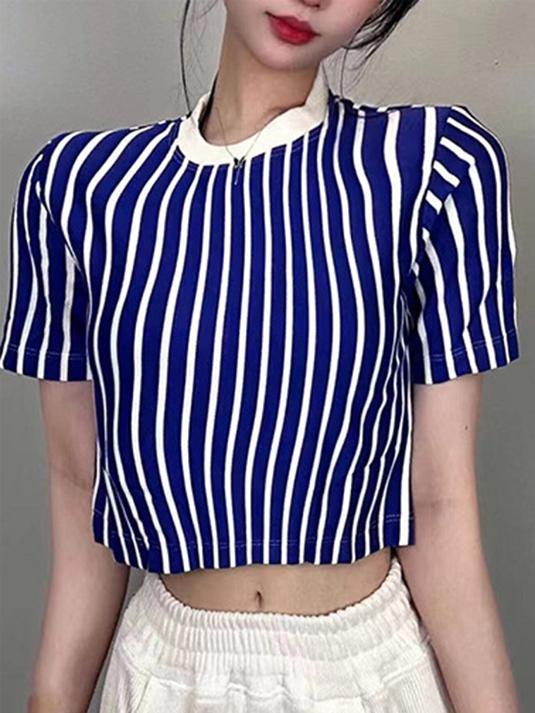 

LULU & SKY High Neck Striped Cotton Crop Top, Blue